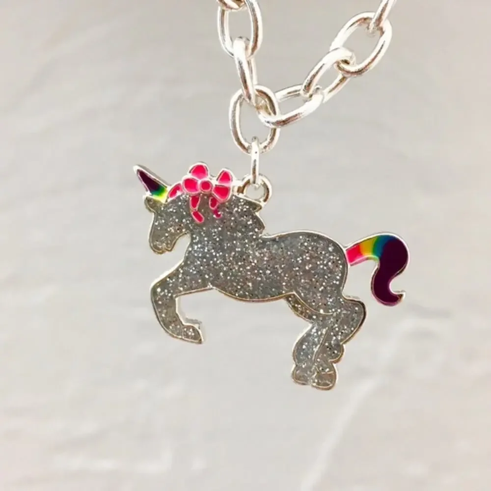 Silver Tone Glitter Unicorn Charm Bracelet w/ Crystal Heart & Bow New + Gift Box